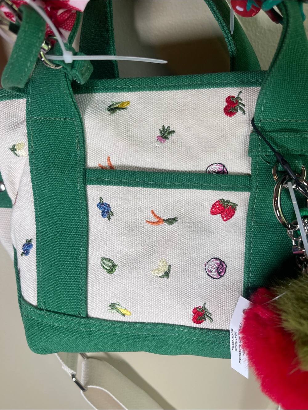 Madden Girl Green and Cream Crossbody Tote with Red Pom Pom - many extras! - Picture 9 of 16